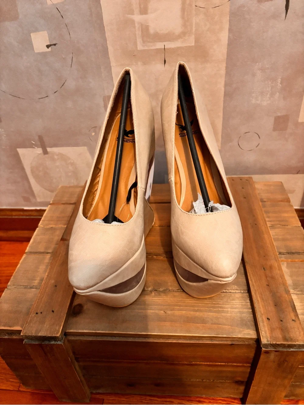 Beige Platform Wedge Pumps